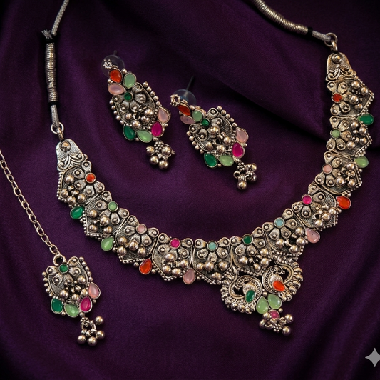 Oxidised Stone Studded Choker Necklace Set