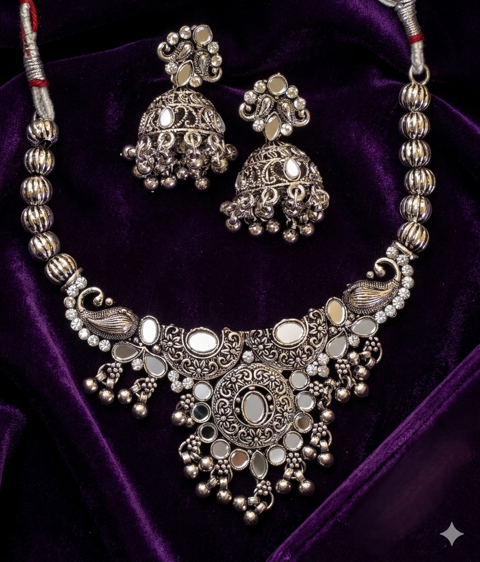 Oxidised Stone Studded Choker Necklace Set